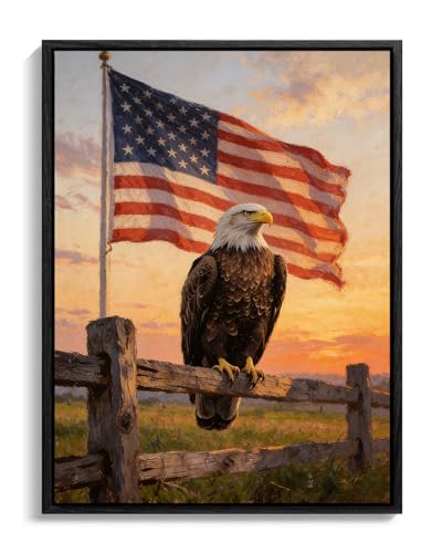 Image of American Flag Framed Canvas Wall Art, 4th of July Red White Blue Canvas Prints, USA Flag with Bald Eagle Patriotic Decorations, Vintage Independence Day Wall Decor for Bedroom Living Room 20x24