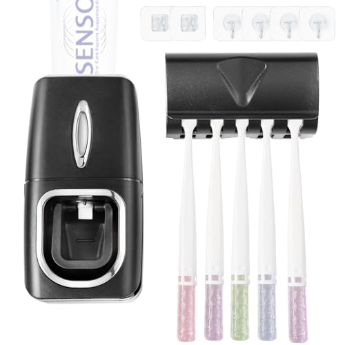 RIDGEPOLE Toothbrush Holder and Toothpaste Dispenser Set, Automatic Toothpaste Squeezer Dispenser, Dispenser Toothpaste Squeezer Kit, Wall Mounted Bathroom Accessories (Black)