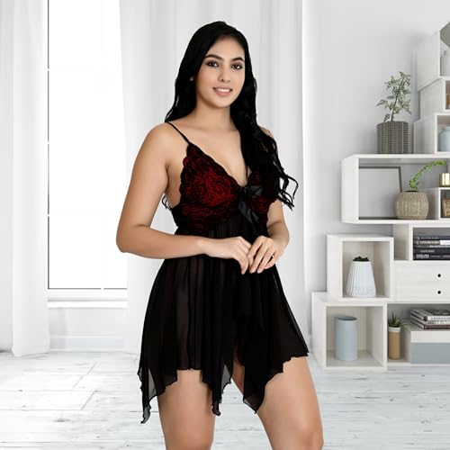Image of Fihana Babydoll Lace Nighty for Women | Sensual Elegance with Adjustable Straps and V-Neck Design, Size-XXXL. Black