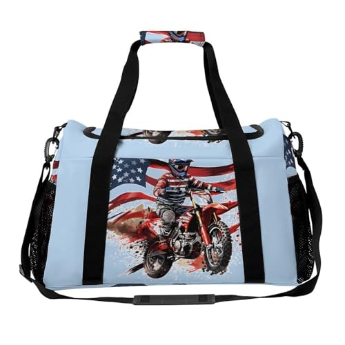 U.S Flag Dirt Bike Motocross Gym Bag Travel Duffle Bags Shoulder Carry On Weekender Bag Hangbag for Women Men