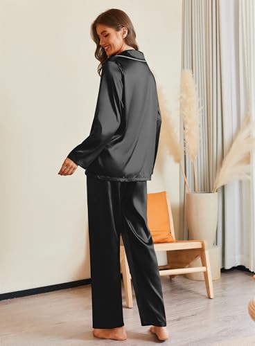 Image of Ekouaer Pajamas For Women Set Silk Pjs 2 Piece Satin Sleepwear Long Sleeve Button Down Lounge Sets With Pant