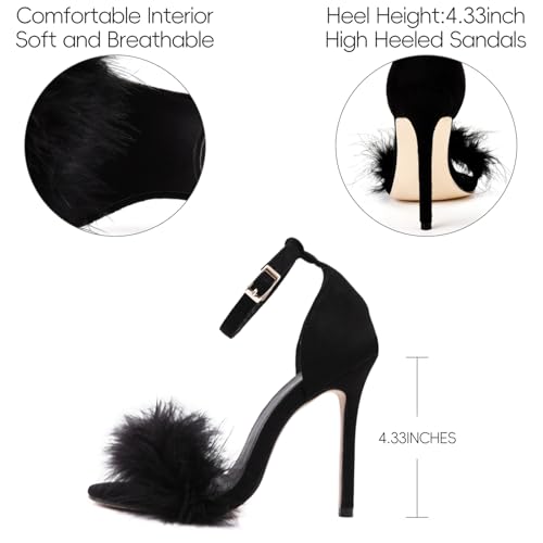 YIBLBOX Women's Feather Heels Open Toe Sandal Fluffy Fur High Heel Shoes Ankle Strap Stiletto Pump for Wedding Party Dance Evening3