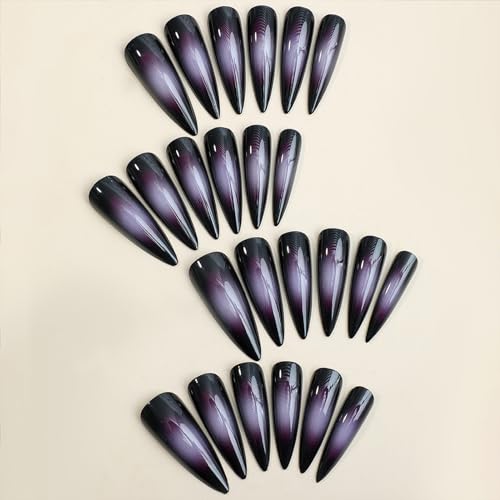 SINHOT Press on Nails Long Stiletto Fake Nails Glossy Glue on Nails Goth Black Acrylic Nail Sharp Almond Artificial Nail Purple Ombre Aura Stick on False Nail with Design 24 pcs