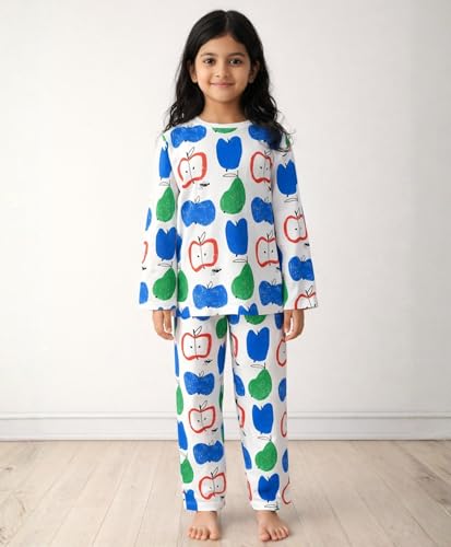 Image of Anthrilo Pajama T-Shirt Set for Girls | Kids Night Suit for Girls | Nightwear | 100% Cotton Pyjama Set Apple Pear Print White | Long Sleeve T-Shirt and Pajama | Kids Girls Sleepwear | 12-13 Years