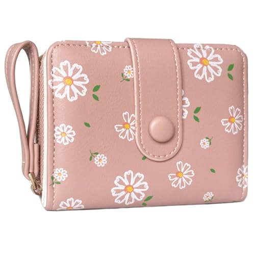 Cute Floral Wallet for Girls Daisy Flower Small Wallets For Women For Teen Girl Zipper Coin Pocket Purse (Pink)