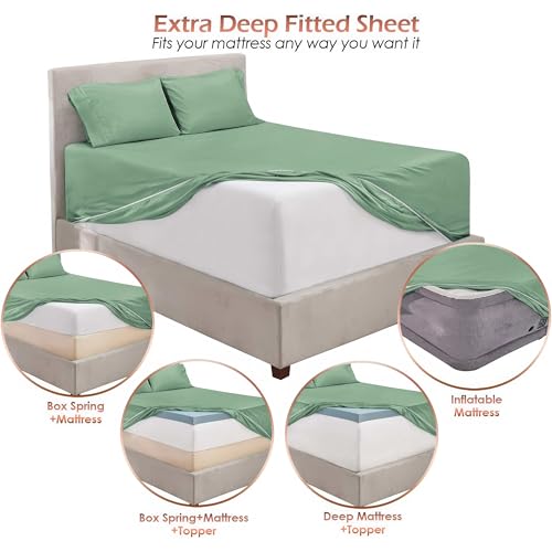 Image of Hearth & Harbor Extra Deep Pocket Twin Sheet Set, Sage Green | 4 Piece Cooling Bed Sheets Set, Ultra Soft & Breathable, Fits Up to 24 inch Mattress, Wrinkle & Fade Resistant, Hotel Luxury