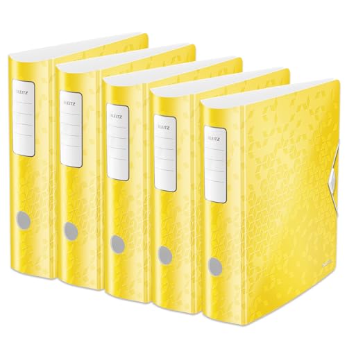 Leitz Qualitäts-Ordner 180° Active WOW, 5er Pack, A4, Breit, Abgerundeter Rücken, 8,2 cm breit, Gummibandverschluss, Leichtes Polyfoam, Plastik-Ordner, WOW Serie, Gelb, 11060016