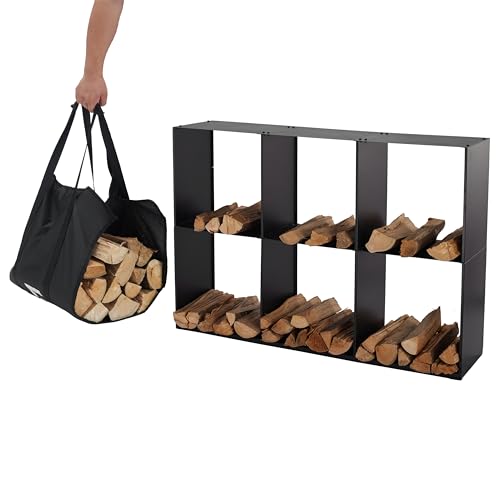 Lendo Online Kaminholzregal + Tragetasche - Innen & Außen - Feuerholzregal - Kaminholzständer - Brennholzregal - Schwarz - Metall (80x28x120cm) Lendo Online Kaminholzregal + Tragetasche - Innen & Außen - Feuerholzregal - Kaminholzständer - Brennholzregal - Schwarz - Metall (80x28x120cm)