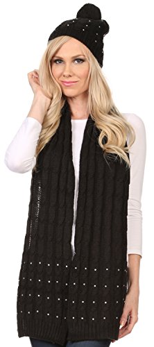 Sakkas CHSS1543 - Kae Jewel Studded Cable Knit Beanie Hat And Scarf Set - Black - OS