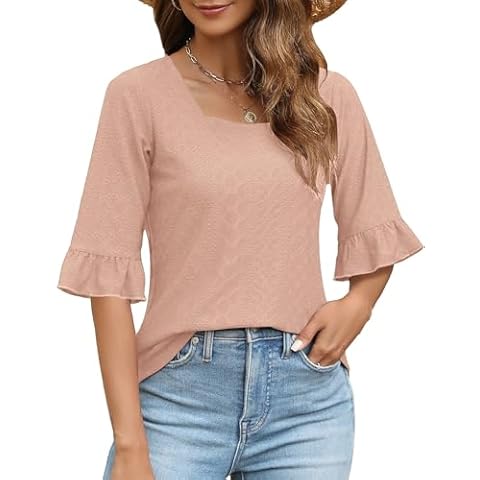 Bashafo Womens Spring Tops 3/4 Length Sleeve Shirts Dressy Casual Loose Square Neck Bell Sleeve Eyelet Tunic Blouse Pink L Cover