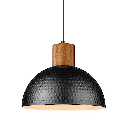ELYONA 12' Hammered Metal Pendant Light, Rubber Wood Dome Hanging Lamp, Modern Pendant Light...
