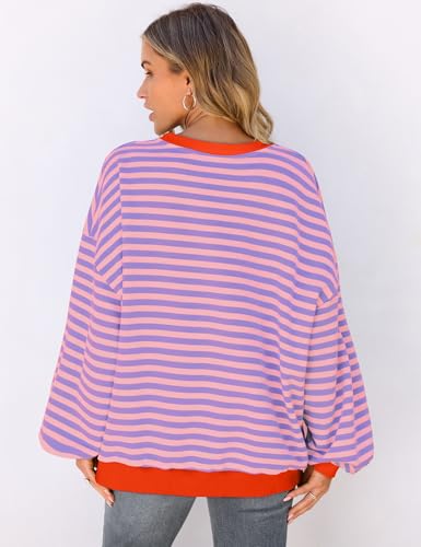 Image of UEU Women Oversized Striped Crewneck Sweatshirt Long Sleeve Color Block Pullover Tops Casual Loose Workout Shirt