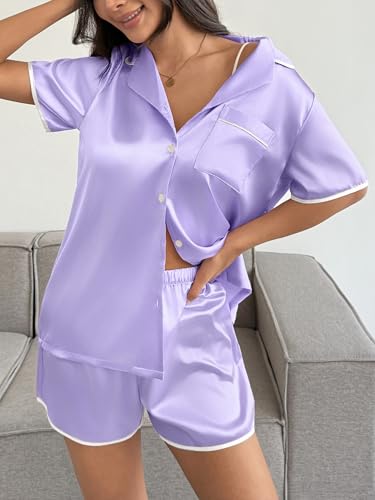 Image of Ekouaer Womens Satin Pajamas Set 2 piece Silky Buttton Down Short Pjs | Silk Notch Collar Top and Soft Shorts Lounge Set for Sleep, Daily Wear, Home, Wedding, Party