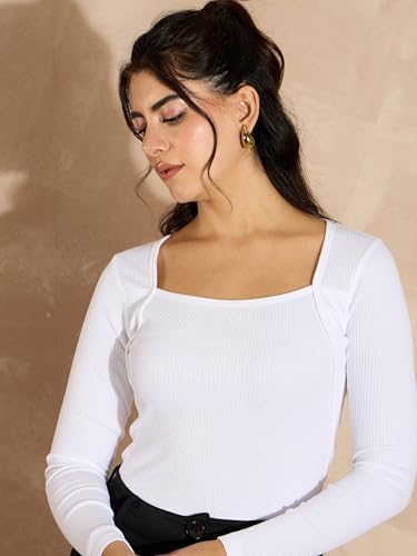 Image of SASSAFRAS Women's Slim Fit Full Sleeves Rib Square Neck Ribbed Basics - Casual Ribbed T-Shirt Tops
