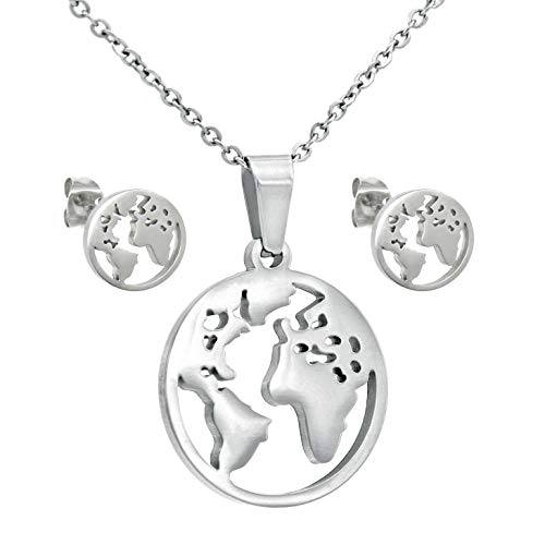 TEMPUS FUGIT. Conjunto Pendientes y Collar Mapamundi. Acero Inoxidable Antialérgico Brillante