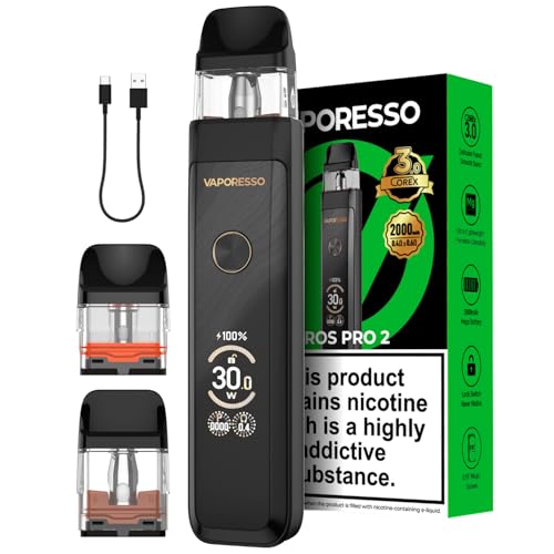 Vaporesso Xros Pro 2 Vape Pod Kit 30W [7 COLOURS] Built in 2000mAh Mega Battery [Ultra-Light 65g Alloy Body] Compatible with XROS Pods Fast Charge 2ML TBD No Nicotine (Glittering Black)