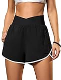 Blooming Jelly Women's Workout Shorts Athletic Running Elastic High Waisted Black Gym Yoga Shorts with Zipper Pockets (Black and White,Medium)