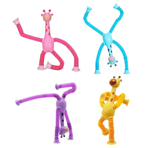 SSHUIKKAI 4 Stück Saugnapf Spielzeug Baby, Teleskop Saugnapf Giraffe Spielzeug, Telescopic Suction Cup Giraffe Toy, für Kinder Erwachsene(Blau/Rosa/Lila/Gelb Je 1)