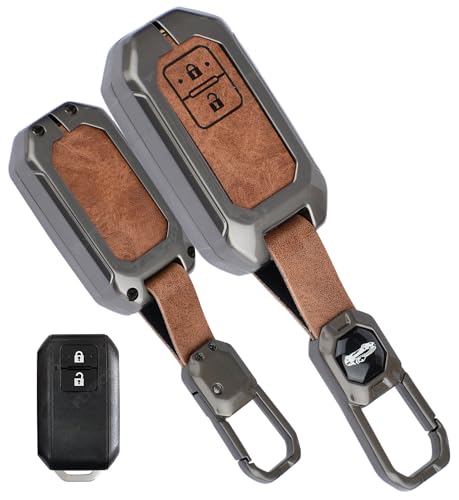Image of Exclusive Metal Leather Key Cover Compatible With Maruti Suzuki Jimny Baleno Grand Vitara XL6 Swift New Brezza 2022 Ertiga Dzire 2 Button Key Leather Protection With Keychain, Multicolor
