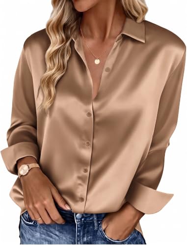 HOTOUCH Brown Button Up Shirt Women Silk Blouses V Neck Dressy Casual Satin Long Sleeve Loose Blouse Work Summer Tops L