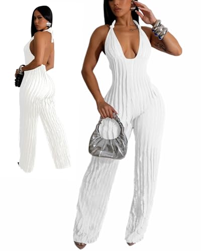 Doweha Sexy Summer Halter Jumpsuits for Women Dressy 2025 Backless V Neck One Pieces Wide Leg Long Pants Jumpsuits Romper Party Club Outfit White
