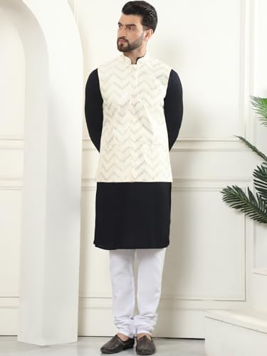 Image of SOJANYA (Since 1958 Men's Pure Cotton Kurta and White Pyjama with Sequins Nehru Jacket