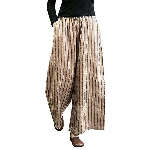 Women Cotton Linen Palazzo Pants Casual Stripe Print Pants Elastic Waist Loose Wide Leg Pants Stretch (Khaki, L)