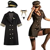 [Diki Home] コスプレ CA パイロット制服 航空警官服 警察官 婦警 警備員 パイロット セクシー ランジェリー 過激 かわいい 可愛い 婦人警官 制服 衣装 4点セット パーティー 仮装 誘惑 ミニスカート 萌え レディース 大人用 女性 ハロウィン 撮影会 (L, 4点セット)