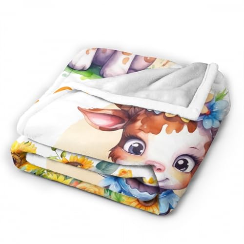 Image of Personalized Cow Baby Blankets for Boys, Custom Cow Gifts, Soft Lightweight Flannel Animal Sunflower Themed Print Throw Blankets for Bed, Sofa,Chair,50 inchx60 inch for Teens