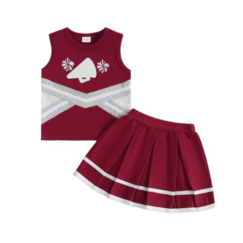 CREAIRY Toddler Baby Girl Cheerleader Outfit Shirt Tops Skirt Set Cheer Uniform Outfit Halloween Cheerleading Clothes (Wine Red, 6-12 Months)