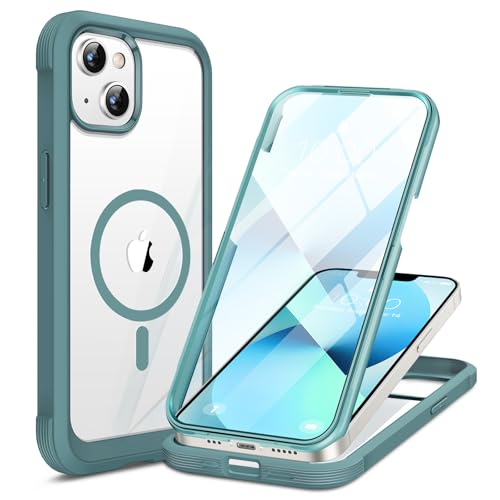 Image of Miracase for iPhone 13 Case 6.1'',Full-Body Magnetic Clear Bumper Case with Built-in 9H Tempered Glass Screen Protector,Military Drop Protection Outdoor Phone Case,Teal