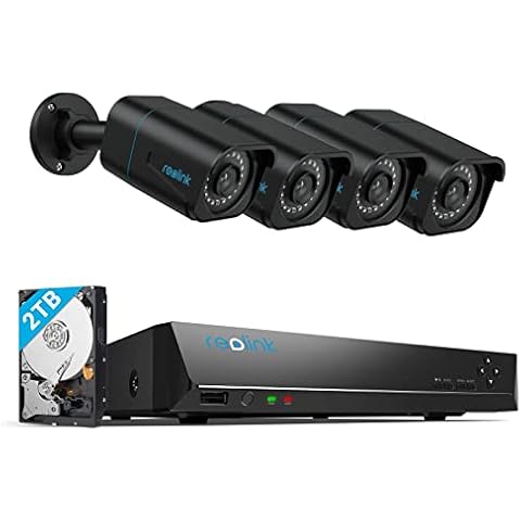 Reolink 4K Überwachungskamera Set, Personenerkennung und Fahrzeugerkennung 4X 8MP PoE IP Kamera Aussen und 8CH 2TB HDD NVR für 24/7 Aufzeichnungen, H.265, 30M IR Nachtsicht, RLK8-810B4-A Schwarz Cover