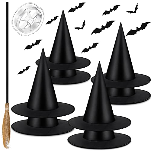 8 Pieces Halloween Witch Hats Black Costume Accessories with Witch Broomstick 12 Pieces 3D Decoration Bats DIY Sticker 110 Yards Hanging Rope for Halloween Party Cosplay Christmas Holiday Carnivals