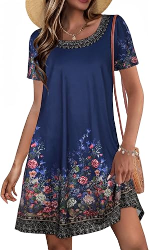 Summer Dresses for Women Casual Short Sleeve Sundress Scoop Neck Beach T Shirt Dress with Pockets