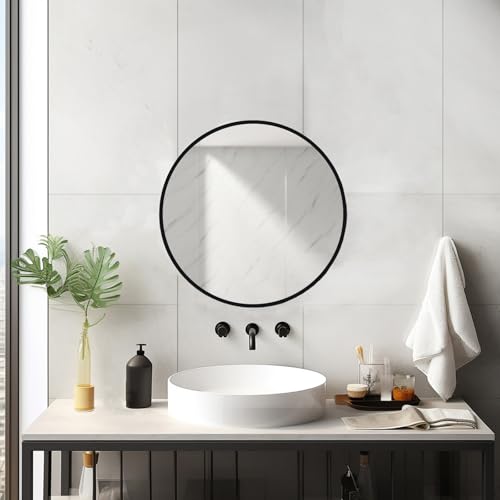 Image of Sunniry 18 inch Round Mirror, Round Wall Mirror, Metal Frame Black Circle Mirror, Black Round Mirrors for Wall, Bathroom, Bedroom, Vanity, Hallway.