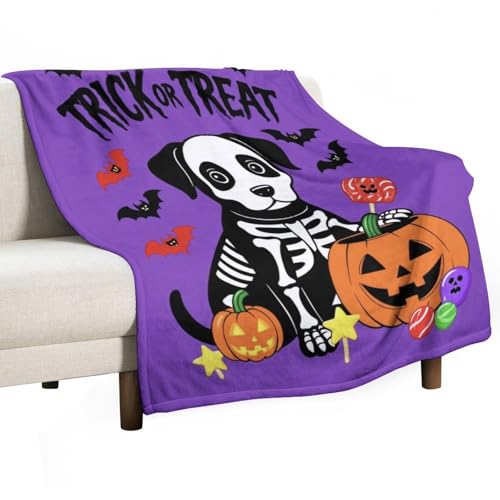 Image of Throw Blanket Halloween Skull Dog Trick Or Treat Sofa Blanket Decorative Fluffy Travel Blankets, For Adult, Bed, Indoors, 100x125cm