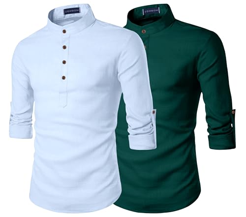 Image of Zombom Men's Combo Cotton Polyester Blend Solid Full Sleeve Straight Regular Fit Mandarin /Chinese Collor Kurta (Pack of 2)