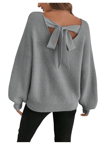 Image of GORGLITTER Women's Bow Fall Sweaters 2025 Cable Knit Chunky Oversized Long Sleeve Backless V Neck Pullover Tops