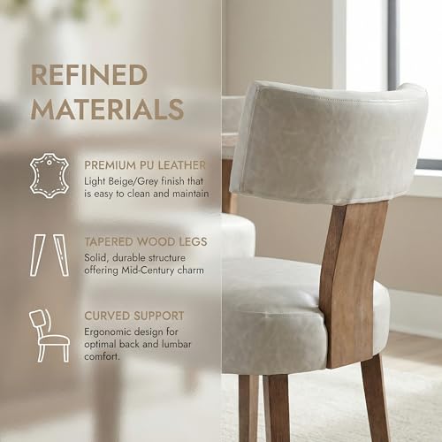 Image of HNY Mid Century Modern Dining Chairs Set of 4, Farmhouse PU Leather Upholstered Accent Chair Curved Backrest Kitchen Chairs, with Hardwood Frame, Grey