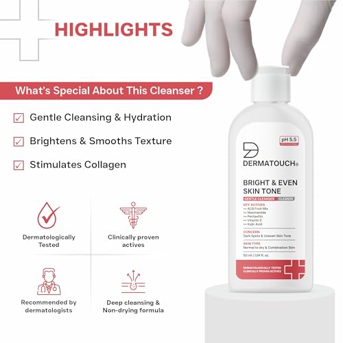 Image of DERMATOUCH Bright & Even Skin Tone Gentle Cleanser | Helps Reduce Dark Spots, Uneven Tone & Dullness | pH 5.5 Balanced | Dermatologist Tested | 50ml