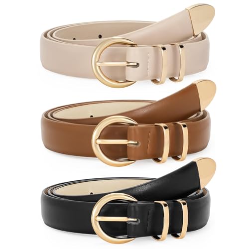 WERFORU 3 Pack Women's Skinny Leather Belts for Jeans Dress Ladies Vintage Waist Belt with Gold Silver Buckle