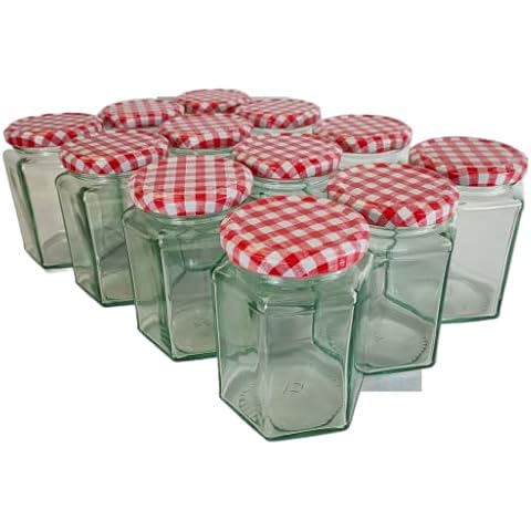 Cos 12 X Glass Jam Jars with Red Gingham Lids - 280ml Cover