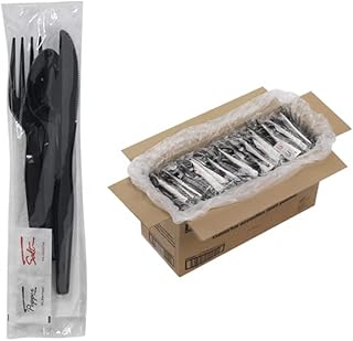 250 Plastic Cutlery Packets - Knife Fork Spoon Napkin Salt Pepper Sets | Black Plastic Silverware Sets Individually Wrapped Cutlery Kits, Plastic Utensil Cutlery Set Disposable Bulk To Go Silverware