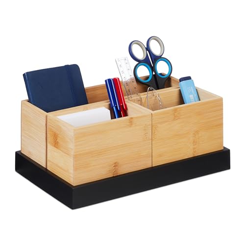 Relaxdays Bambus Organizer, 4-teiliges Set, Schreibtischutensilien, Kosmetik, für Büro, Bad, Ablageschale, Natur/schwarz, 11 x 28 x 17,5 cm Relaxdays Bambus Organizer, 4-teiliges Set, Schreibtischutensilien, Kosmetik, für Büro, Bad, Ablageschale, Natur/schwarz, 11 x 28 x 17,5 cm