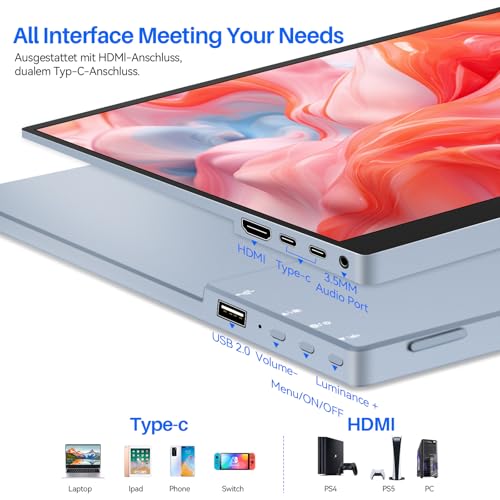Image of 15.6 Inch Touchscreen Portable Monitor, FHD 1080P IPS Full Function USB-C Ultra Slim Travel Screen, Portable Display w /Speakers & VESA Mount for Laptop Mac PC Phone PS4 PS5 Switch