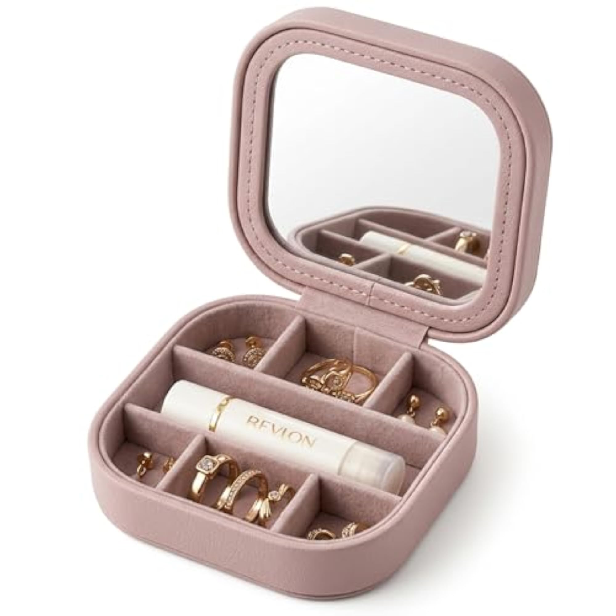Pink Travel Jewellery Box with Mirror, Multiple Compartments