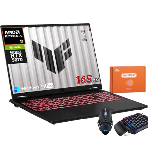 ASUS TUF A16 Gaming Laptop 2025, AMD Ryzen 9 270 (Up to 5.2GHz), Geforce RTX 5070, 16' FHD+ 165Hz, 32GB DDR5 5600MHz, 2TB SSD, WiFi 6E, RGB Backlit Keyboard, Windows 11 Pro, Jaegar Gray, W/Accessories