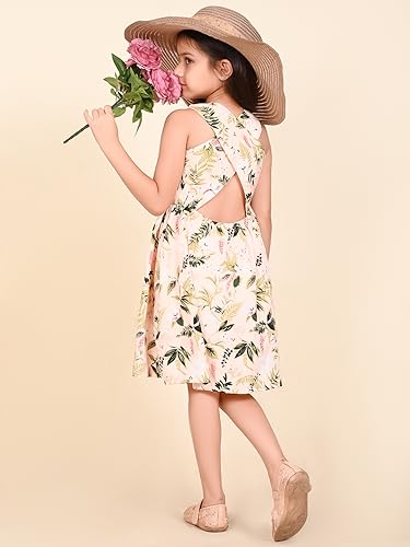 Image of LILPICKS Floral Printed Sleeveless Criss Cross Back Fit n Flare DressFor Girls (Beige)