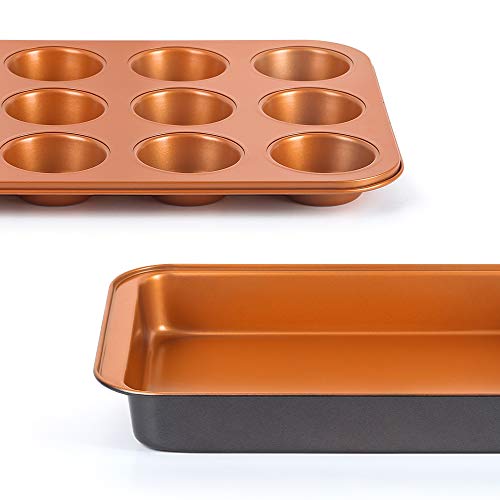 SHINEURI 5-Piece Nonstick Copper Bakeware Set - 14.3inch Roast Pan, 13.8inch 12-Cup Muffing Pan, 9.8inch Loaf Pan, 9inch Square Pan & 8.8inch Round Cake Pan - Dishwasher & Oven Safe, PFOA/PTFE Free - Thumbnail 7