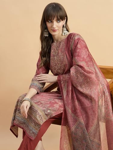 Image of SheWill Kurta Sets for Women - Red Rayon Aari Hand Work with Digital Floral Print Kurta with Pant and Chanderi Dupatta |Stylish Printed Summer Kurti Set